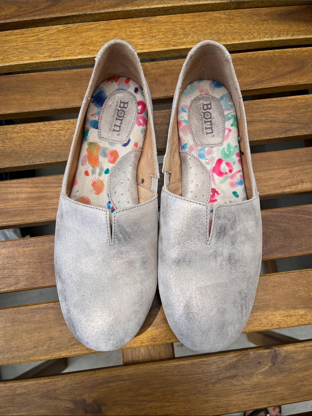 Born Women's Light Silver Metallic Slip-On Flats with Floral Insole
